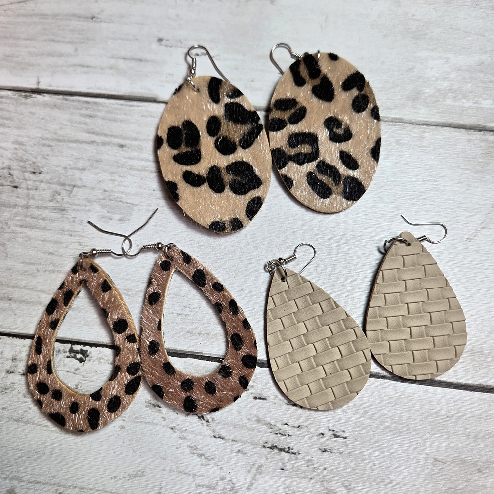 Leopard Print and Woven Teardrop Earrings Set